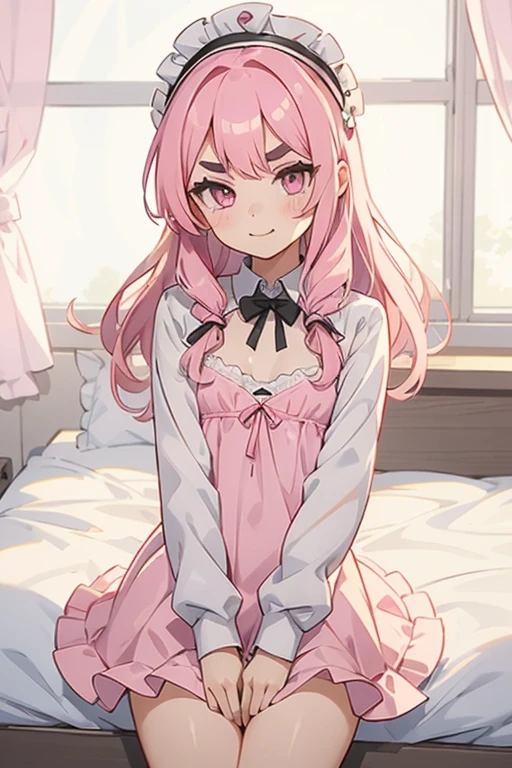 Girl with pink hair, long double-tailed hairstyle, ((small pink bushy eyebrows)), dressed in ta clothes, marked vagina, loli(Zankuro) drawing style by zankuro artist, Zancro style, image uploaded to R34, looking to the camera with a flirtatious face, modeling underwear in his room, male pov