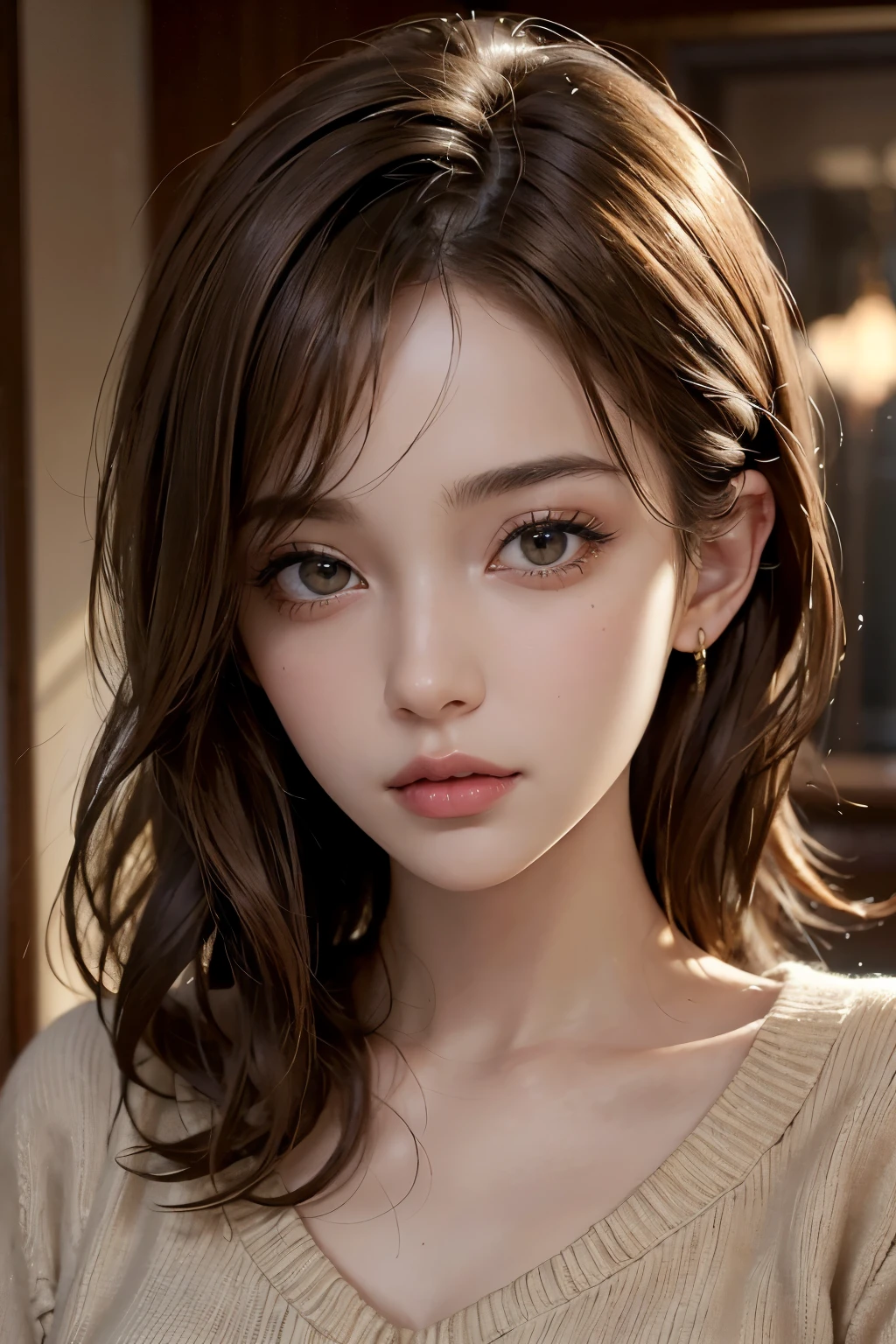 bust-up image, best quality, super fine, 16k, incredibly absurdres, extremely detailed, golden ratio, beautiful woman, beautiful realistic round face, seductive expression, beautiful light brown short messy hair, beautiful hairstyle, beautiful realistic eyes, beautiful realistic skin, wearing beige loose sweater with a wide open chest, background dark room with light bulb ultra warm white color