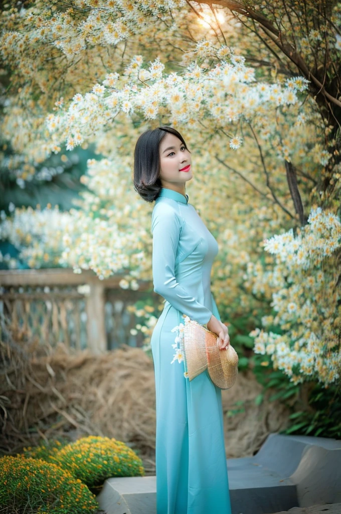 Mid shot photo of a beautiful short hair Asian girl wearing delicate flowery Vietnamese ao dai, smirking, blurred background.