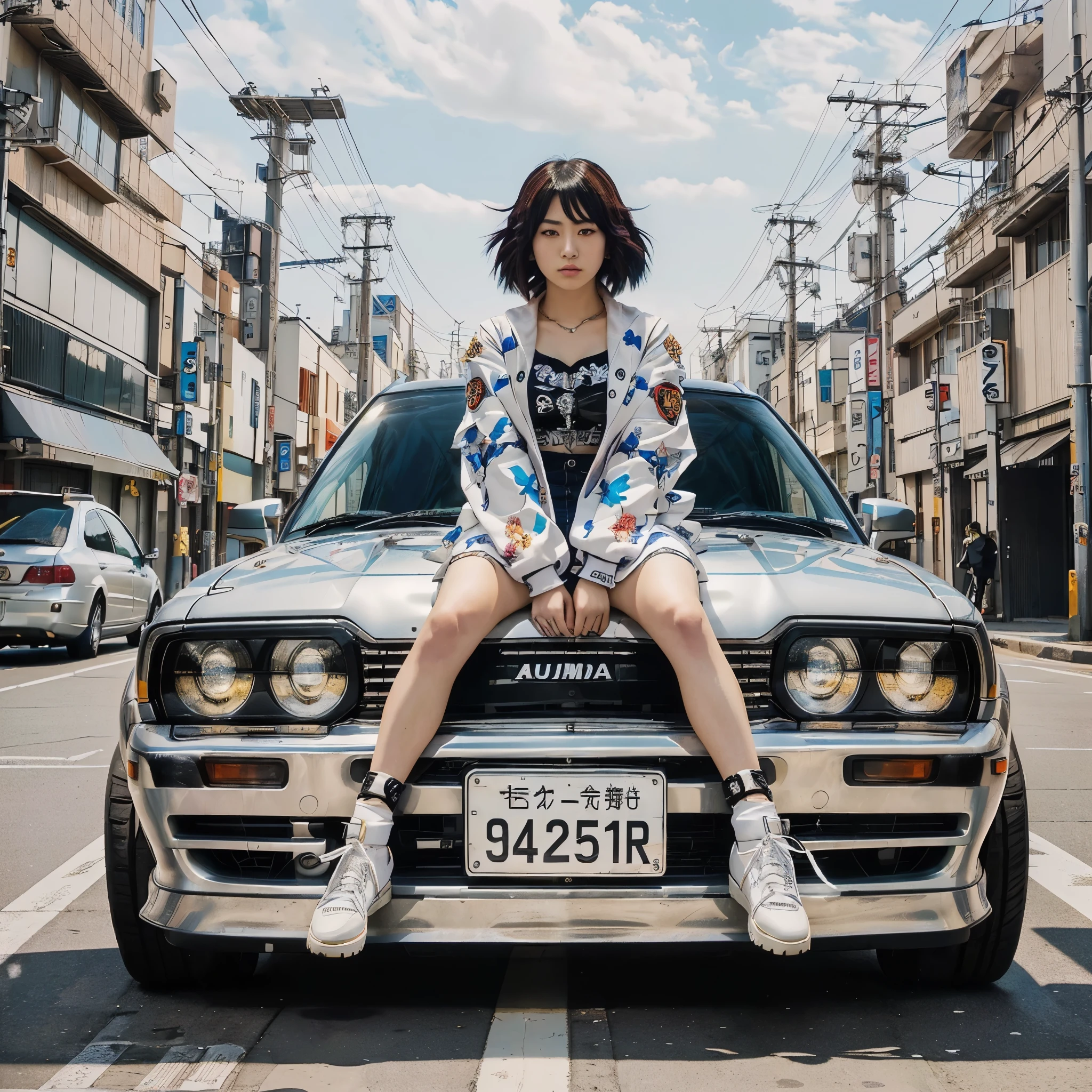 arafed woman sitting on the hood of a car in a city, anime style mixed with fujifilm, akira vibes, shohei otomo, e - girl, e-girl, cars portraits, official artwork, style of hajime isayama, style of masami kurumada, kodakchrome : : 8 k, japanese streetwear