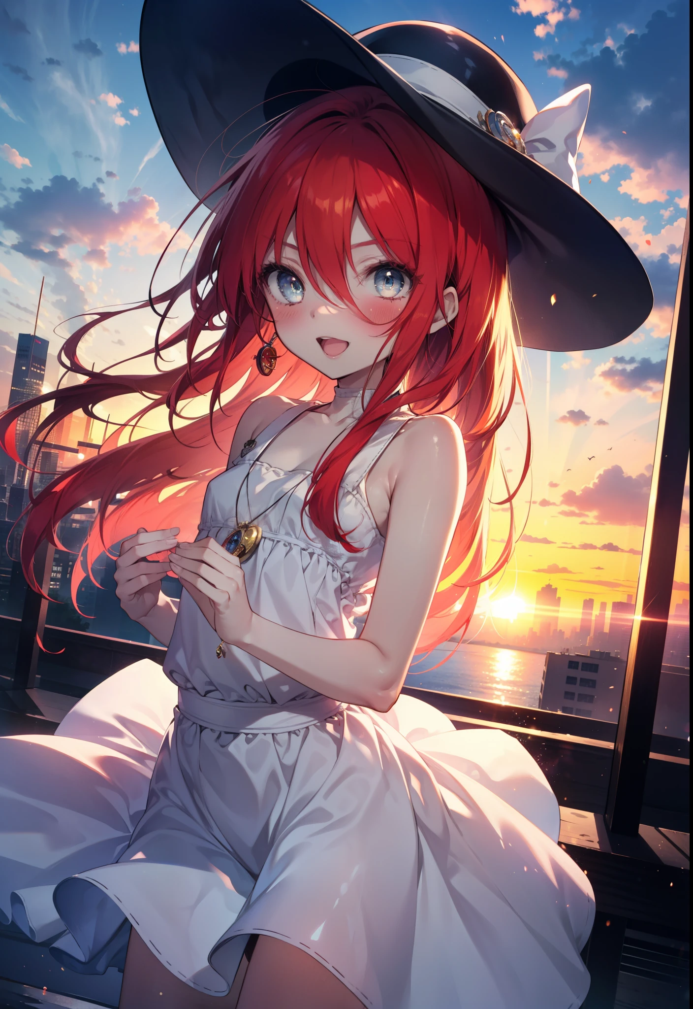 Shana,灼眼のShana,Ahoge,Long Hair,Red hair, Red Eye, Small breasts,smile,blush,Open your mouth,Sleeveless dress,Bare shoulders,bare clavicle,Bare neck,Rocket Pendant,White hat,Long skirt,Cute heeled sandals,Looking down from above,sunset,evening,The sun is setting,
break looking at viewer, (Cowboy Shot:1. 5)
break outdoors, City Street,Building district,
break (masterpiece:1.2), highest quality, High resolution, unity 8k wallpaper, (shape:0.8), (Fine and beautiful eyes:1.6), Highly detailed face, Perfect lighting, Highly detailed CG, (Perfect hands, Perfect Anatomy),