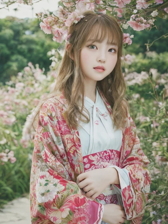 highest quality, masterpiece, High resolution, original, Highly detailed wallpaper, beauty,Gorgeous kimono、dress, sad, Small face、 Girls、Genuineの人間、Genuine、blonde、blue eyes、Foreigners、old photograph、Flowers Bloom、Happy、joy、Red lips