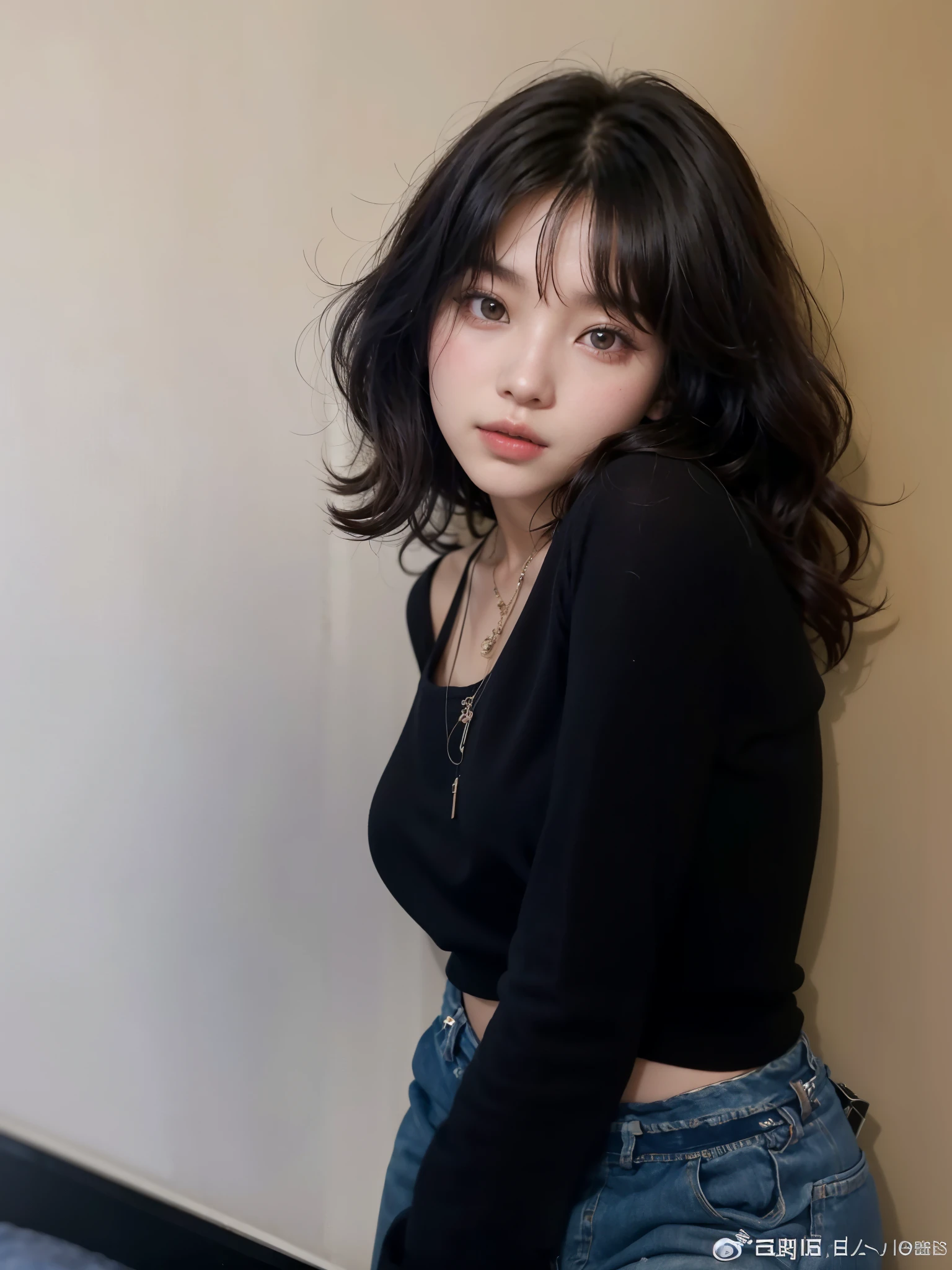 Mujer arafed con un top negro y jeans posando para una foto., she has black hair con flequillo, imagen filtrada, con flequillo, flequillo de cortina, 🤤 girl portrait, con pelo corto, ulzzang, mirada sensual, hermosa joven coreana, con cabello largo, she is in front of the camera, bae suzy, su guardarropa es atractivo, desde 8k mate