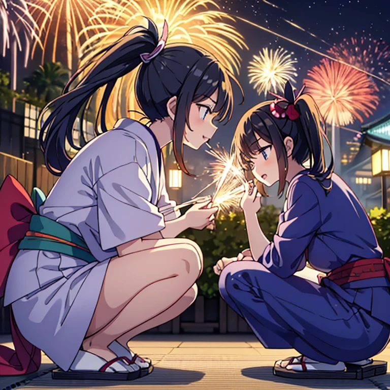 Side view of a woman with Japanese style ponytail holding fireworks in a squatting position