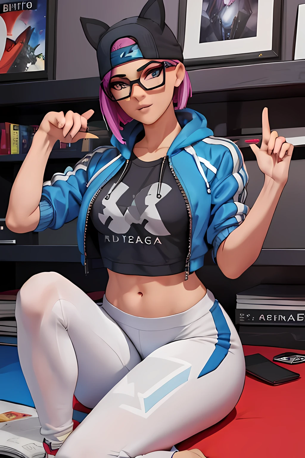 Lynx , sentada, Noche de Luna , jogger pants negro , chaqueta Gris y Azul, Extremadamente detallado, rostro detallado, gafas ,hermoso rostro, ojos finos, mirando al espectador, pose femenino 