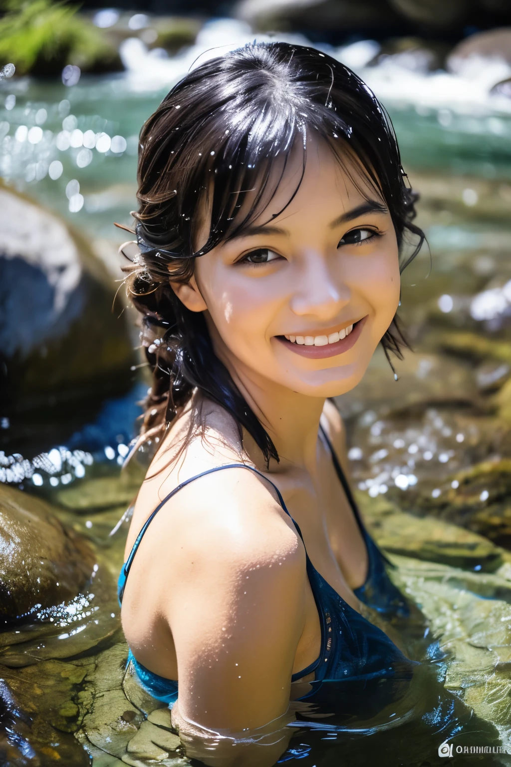 Beautiful woman, Cheerful, his facial expression enjoys satisfaction,bathing in a clear river, looks wet (wet detail)), background of small river, rocks, waterfall, afternoon, nature, Realistic, photography, ultra, 8k