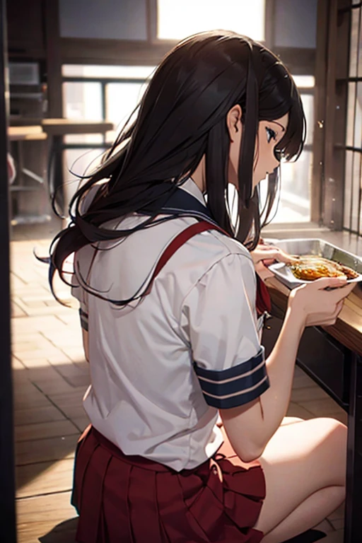 Rear view of a male student eating curry ((Wearing school uniform))
