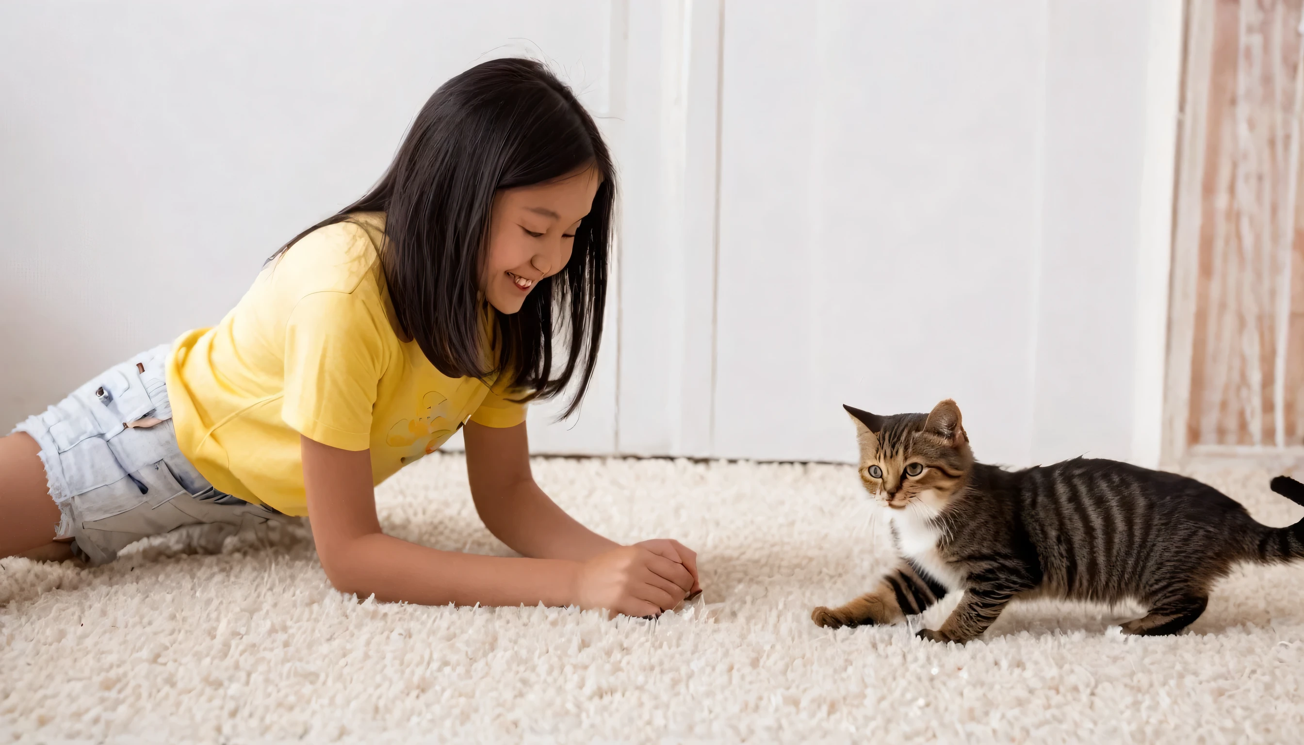 a girl playing with a cute cat