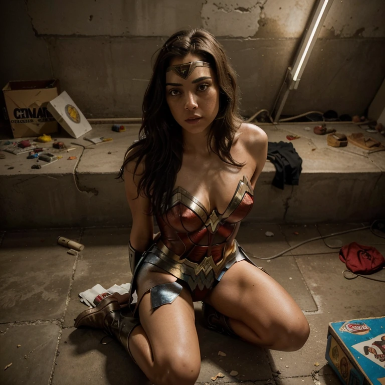 Photo from above of a wonder woman sitting in the fetal position., him to live in the building she lives in, which is full of broken structural material, aburrido y abandonado.,a completely dark room with a single light entity which is a ring of light from the street lamp above, maximizar los detalles en texturas como el cabello y la piel, Detalles realistas en el concreto debajo de ella., trash around him created from his own hyperactive use of illegal substances and narcotics.AubreyPlaza