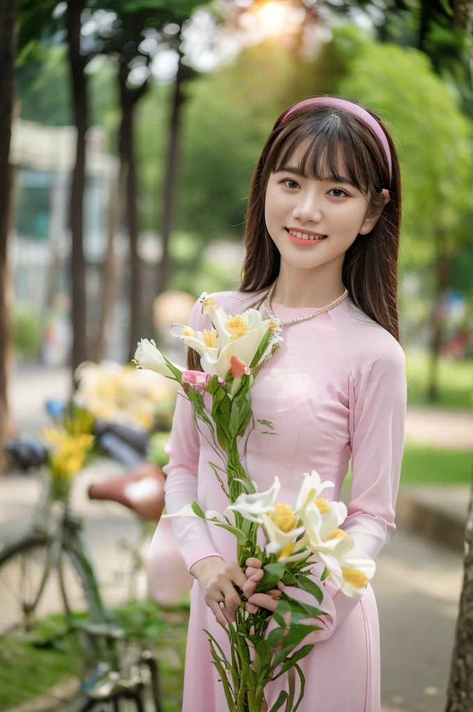Close-up photo of a beautiful Asian girl wearing delicate flowery Vietnamese ao dai, smirking, blurred background of Vietnamese streets.