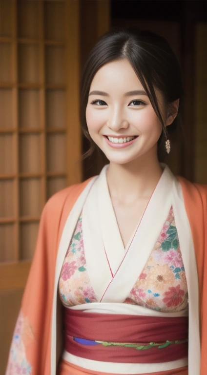 The hostess's bright face、Floral Japan kimono、high quality、Surreal、healthy、Smiling face、Slim and perfect figure、Japanese Beauty、 Perfect Eyes、Beautiful Skin、Upper body、shrine