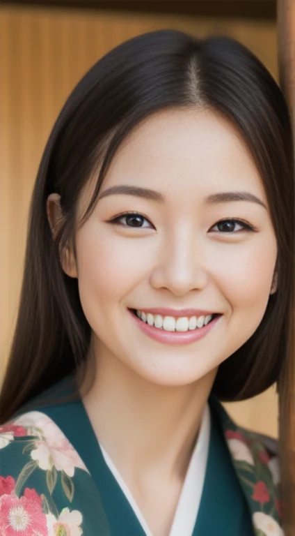 The hostess's bright face、Floral Japan kimono、high quality、Surreal、healthy、Smiling face、Slim and perfect figure、Japanese Beauty、 Perfect Eyes、Beautiful Skin、Upper body、shrine