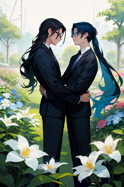 A garden full of blooming flowers、Two friendly young men in suits、One of them has blue hair and a handsome face.、The other wears black-rimmed glasses and has long black hair tied back.。The black-haired one is taller。