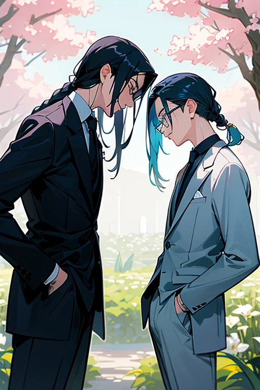 A garden full of blooming flowers、Two friendly young men in suits、One of them has blue hair and a handsome face.、The other wears black-rimmed glasses and has long black hair tied back.。The black-haired one is taller。