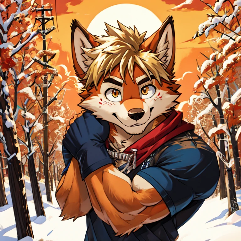 (masterpiece, Best quality:1.2), very young wolf boy, in shirts, winter, body covered in red fur, Furry style, sexual, horny, very muscular wild ,full height,very short blond hair,freckles on the body and face,amber eyes,defined muscles,sharp focus, friendly