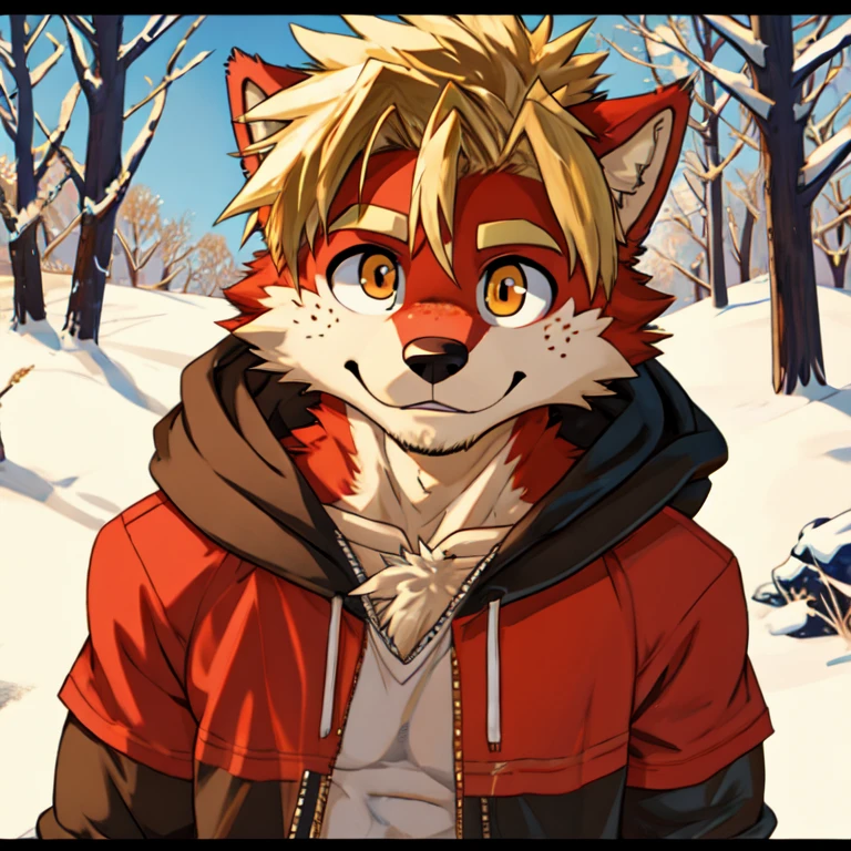 (masterpiece, Best quality:1.2), very young wolf boy, in shirts, winter, body covered in red fur, Furry style, sexual, horny, very muscular wild ,full height,very short blond hair,freckles on the body and face,amber eyes,defined muscles,sharp focus, friendly