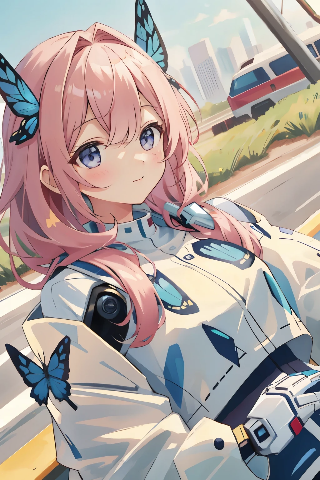 Girl and robot collaboration photo、comical、A butterfly lands on the robot&#39;s head、The girl who saw it laughed.
