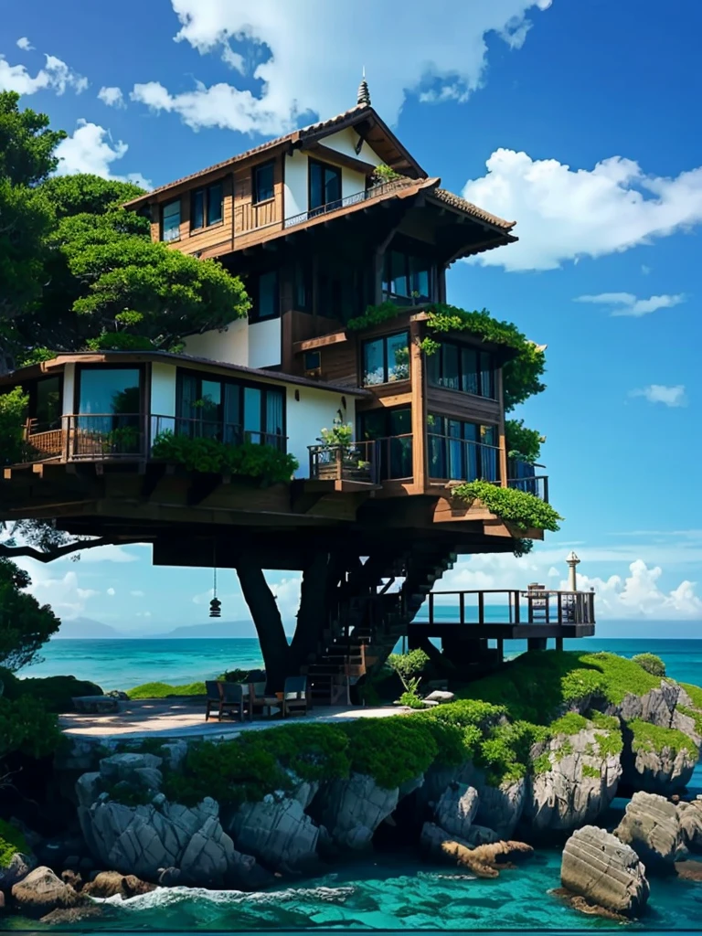 Perfection The Coolest tree house on a large rock in the middle of the sea with flowers in front of the house and trees on both sides of the house