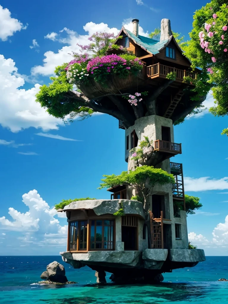 Perfection The Coolest tree house on a large rock in the middle of the sea with flowers in front of the house and trees on both sides of the house