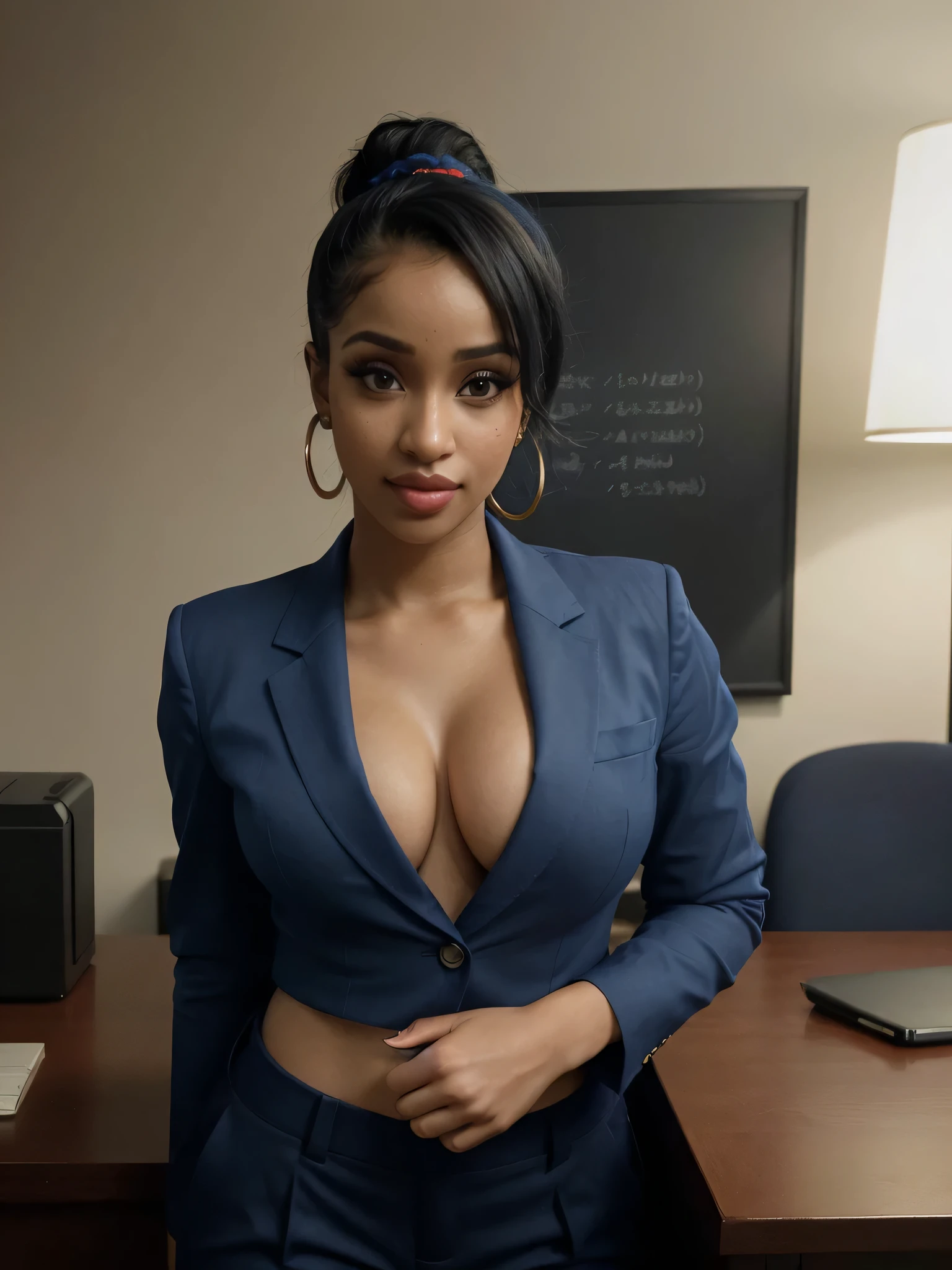 Foto hiperrealista en primer plano de Cardi B, masterpiece, best quality, (photorealistic:1.4), full body, (classy corporate outfit, blue shirt, navy blue blazer and pants:1.3), black long loose curls in a sophisticated high bun, sexy posing on a desk in a fancy office (afterwork:1.1), posing powerfully, neons, cinematic light, beautiful woman, skinny, (large D-cup breasts:1.3), perfect body, detailed face, slutty face, looking straight at the camera, photo taken from a distance (close-up, editorial photograph of a lightksin stunning woman), (highly detailed face:1.4) (smile:1.2) (background inside dark, moody:1.3) POV, by lee jeffries, nikon d850, film stock photograph ,4 kodak portra 400 ,camera f1.6 lens ,rich colors ,hyper realistic ,lifelike texture, dramatic lighting , cinestill 800,