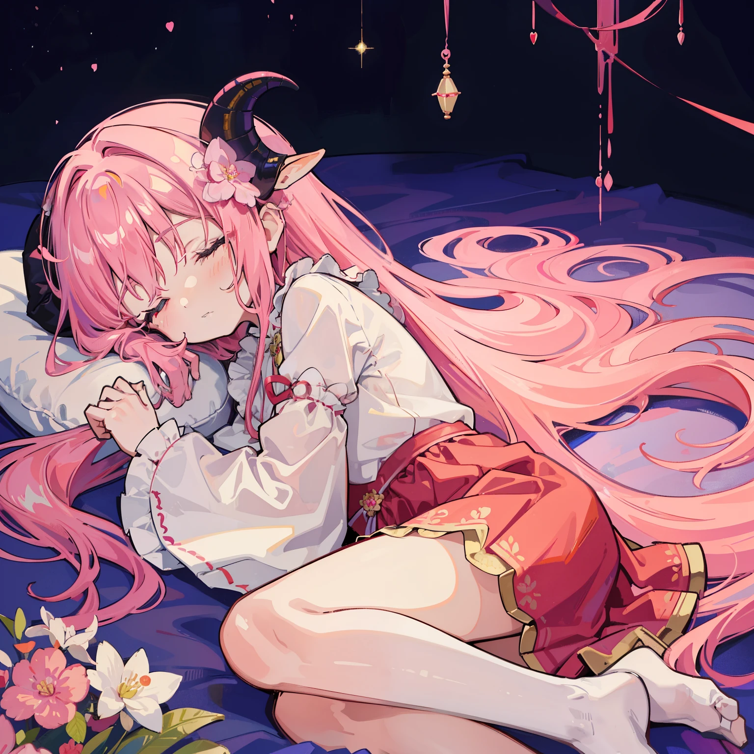 (masterpiece, highest quality), Very detailed, Anime Style, whole body, Traditional Witch Girl, Wearing a loose red dress, Ram's horns growing from his head, Pink miasma in the air, Feeling sleepy、Digital Painting, 8K High Resolution, Trend Art Station, White Background, whole body、Red-pink、Girl with sheep motif、Cute Dream、mist、Pink Flower、Flower offerings、Very light purple and very light pink clouds、A girl sleeping peacefully in her hair、Expressionless、Sleeping with hands folded、Cremated corpse