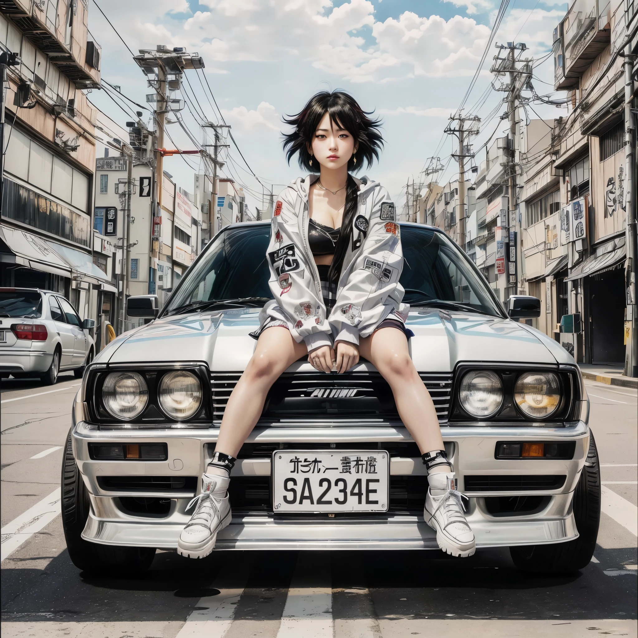arafed woman sitting on the hood of a car in a city, anime style mixed with fujifilm, akira vibes, shohei otomo, e - girl, e-girl, cars portraits, official artwork, style of hajime isayama, style of masami kurumada, kodakchrome : : 8 k, japanese streetwear