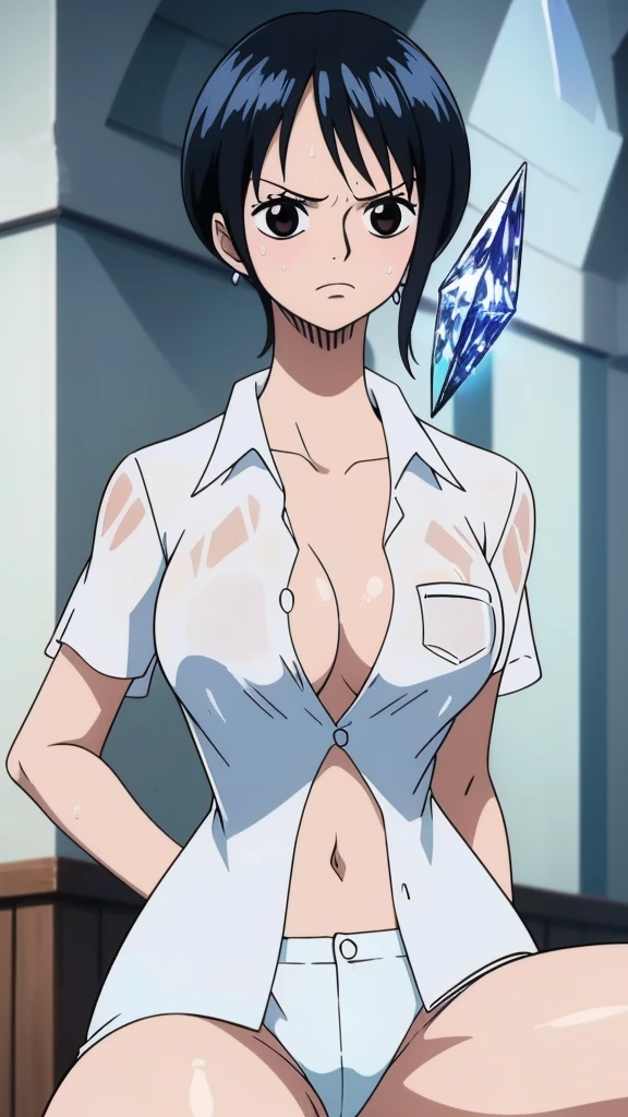 One woman,8k,, Black Hair,Medium Short, ,, Tashigi,, ((masterpiece)), ((highest quality)), （（（sit）））,（（high resolution））,Very detailed, （See-through clothing）,（（Wet white shirt））,((Wet shirt))　,（（Troubled expression））,,（Slim thighs）,Perfect tummy,Perfect navel,((Slender body)),Dark Eyes,,（（White lace panties））,（（Slender body））, , Strong lighting, High resolution,,,(((((Crystal clear image quality))))), sit, alone,blush,, indoor, 