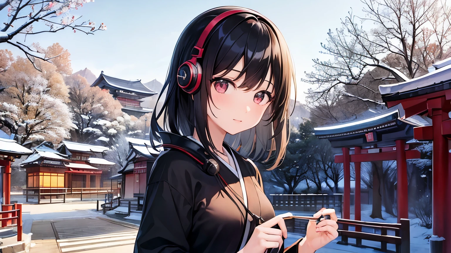 Girl、Black Hair、Japan、Japanの街並み、shrine、music、headphone