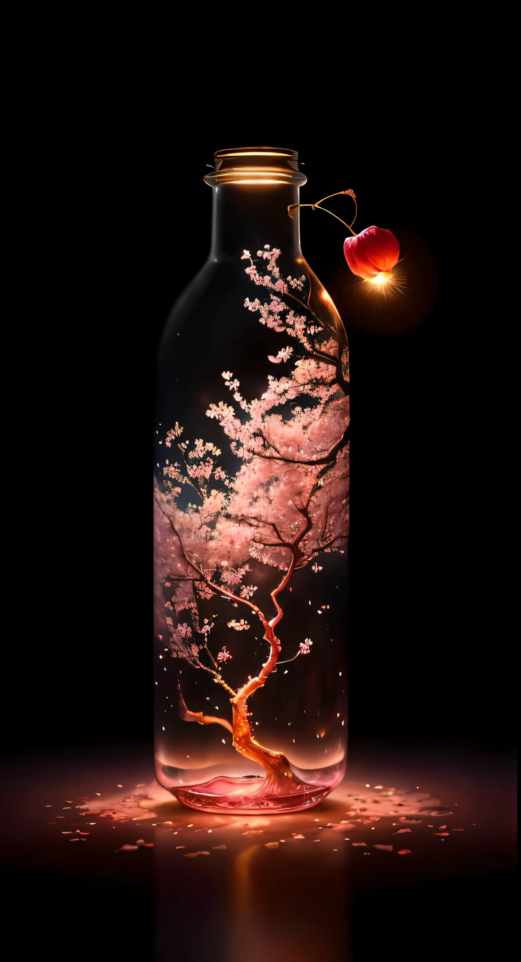Picture a cherry tree in a bottle, a captivating spectacle of nature's beauty, skillfully captured by renowned photographer Lee Jeffries. The image is rendered in stunning 4K resolution, using a Nikon D850 with a Kodak Portra 400 film and a trusty f1.6 lens.

The fluffy pink cherry blossoms, each petal a testament to unparalleled realism, are suspended in the bottle. Atmospheric light refractions dance around the petals, creating intricate patterns that add depth and dimension to the image. The rich colors burst forth, with hues of pink, white, and red that demand