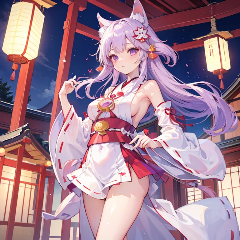(best quality:1.4), highres, masterpiece,, 1girl,, light purple hair, purple eyes, (kemomimi), medium breasts, bare slim thigh,, hair ornament, (red|white Japanese miko clothes), detached sleeves,, blush,, lantern, shrine,, detailed face,