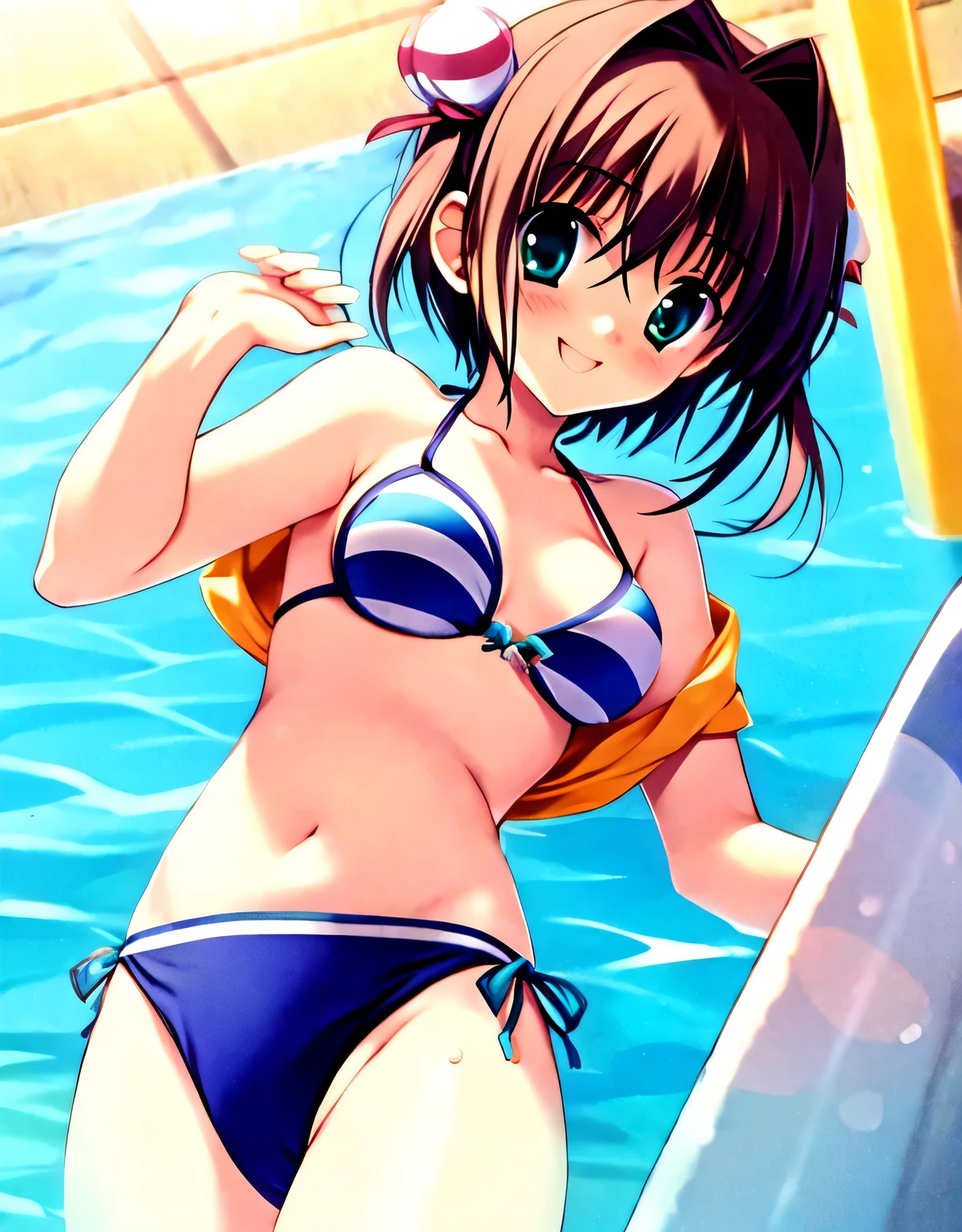 asakura_yume,Brown Hair,Medium Chest,Aqua Eye,smile,White skin,Pool,Swimwear,bikini,Are standing,