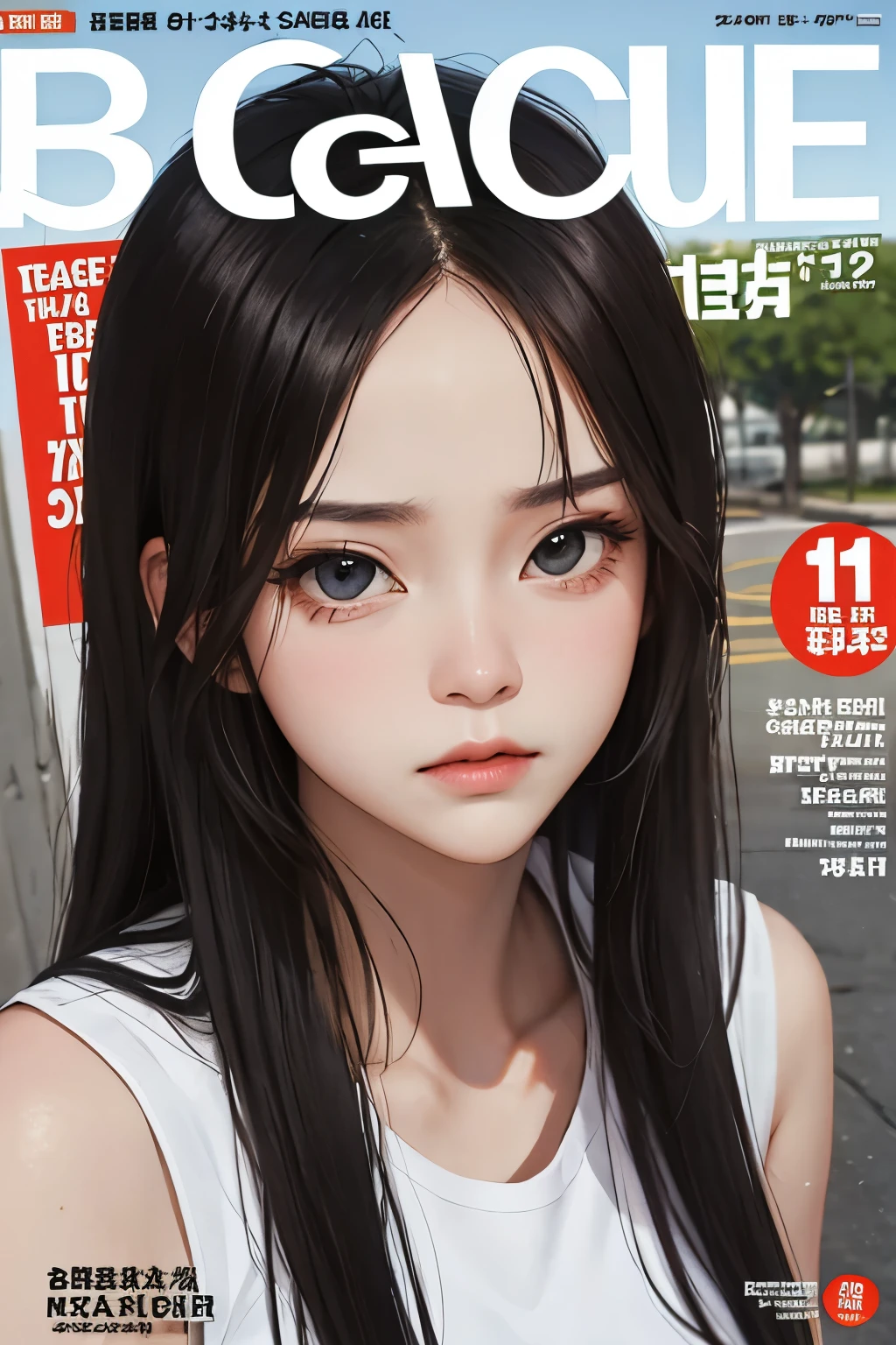 masterpiece, best quality, serious face, bkack hair, outdoor, magazine cover faceshot, beautiful woman
