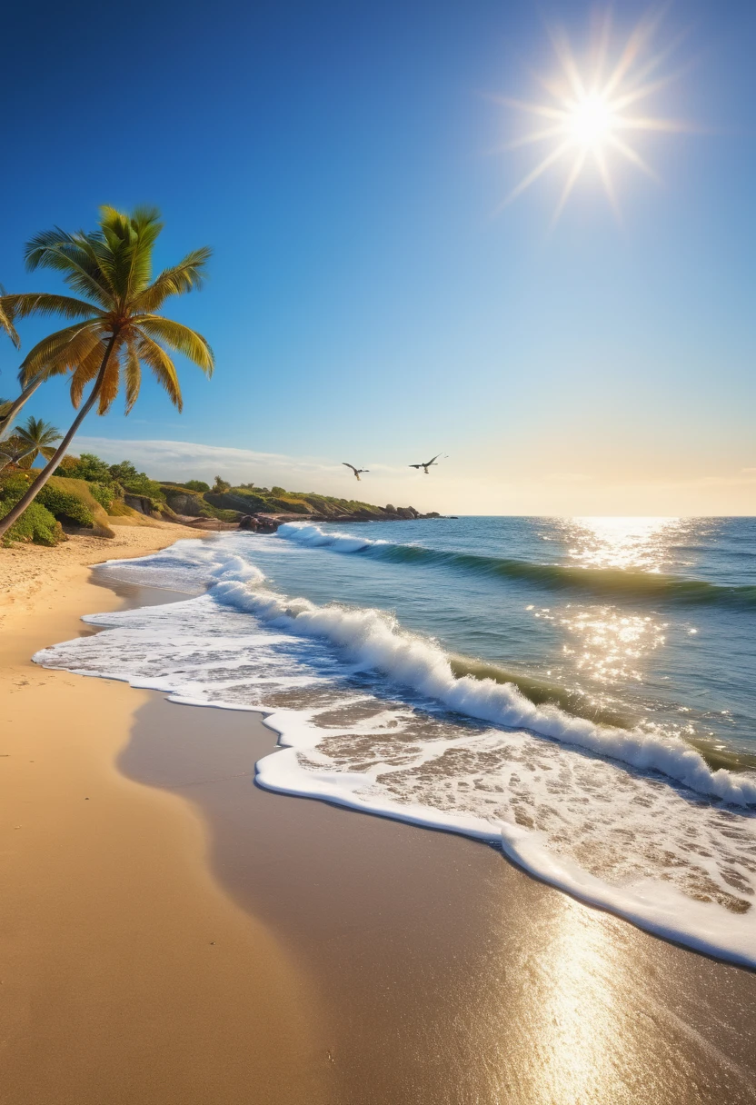 best quality,4k,8k,highres,masterpiece:1.2,ultra-detailed,realistic,photorealistic:1.37,coastal scenery,beautiful serene beach,breathtaking ocean view,vibrant blue waves,crystal clear water,sandy shore,soothing ocean breeze,sun-kissed sandy beaches,coastal rocks and cliffs,seagulls flying overhead,tropical palm trees swaying in the wind,picturesque sunset over the horizon,tranquil and peaceful ambiance,seashells scattered on the beach,glistening sunlight reflecting on the water,gentle waves crashing against the shore,white foam forming on the wave tips,majestic sailboats sailing in the distance,surfers catching waves,relaxing beach chairs and umbrellas,footprints in the sand leading to the water,children building sandcastles with giggles and laughter,people enjoying picnics and beach games,soft golden sand between your toes,salty and refreshing ocean spray on your skin,colorful parasails dancing in the sky,seabirds diving into the water to catch fish,secluded coves and hidden treasures waiting to be discovered,peaceful and rejuvenating coastal retreat,calm and inviting atmosphere,serene and unspoiled beauty,sparkling reflection of the moon on the water at night,romantic moonlit walks along the beach.