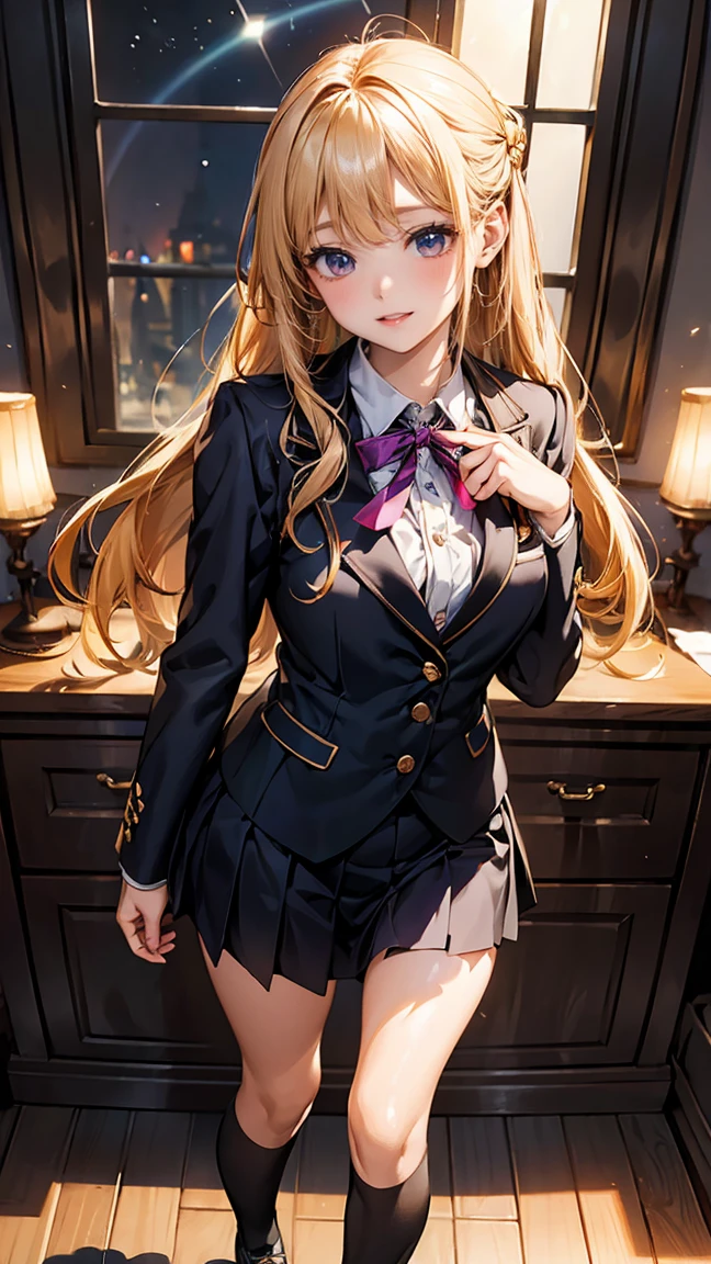 ((masterpiece, best quality)), illustration, very detailed 8k,realistic, sharp focus, very detailed,professional lighting,colorful details, iridescent colors BREAK 공장의 극단적인 롱샷, large mechanical robot construction, microchip, computer,glowing, intricate details, Situ Mecca, A girl stands in front of an audience, navel, (Semi-long、blonde hair)、medium chest、High school girls、(Uniform、cute ribbon、skirt、knee high socks、blazer、uniform buttons、
uniform collar、blouse、Uniform skirt、uniform tie、Uniform shoes、Uniform vest)、In a perfect contrapposto pose、Her hands rested delicately on her head、Smile sweetly at the viewer。
She exudes an aura of elegance and charm, (warm light source:1.2), (firefly:1.2), lamp, There is a lot of purple and orange in it., intricate details, Volumetric lighting BREAK (masterpiece:1.2), (best quality), 4K, very detailed, (Dynamic configuration:1.4), very detailed, colorful details,( iridescent colors:1.2), (glowing lights, atmospheric lighting), dreamy, magical, (alone:1.2)