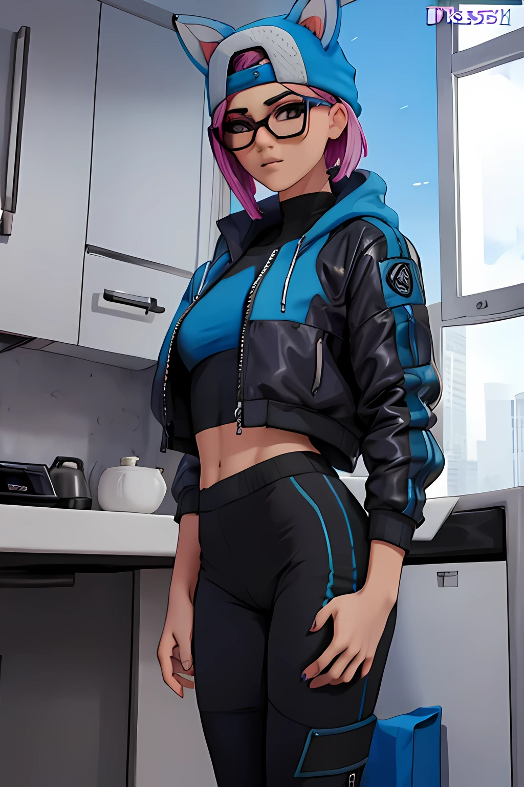 Lynx , sentada, ciberpunk noche , jogger pants , chaqueta Gris y Azul,Extremadamente detallado, rostro detallado, gafas ,hermoso rostro, ojos finos, mirando al espectador, pose femenino 