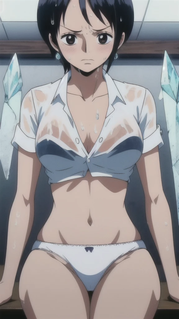 One woman,8k,, Black Hair,Medium Short, ,, Tashigi,, ((masterpiece)), ((highest quality)), (((sit))),((high resolution)),Very detailed, (See-through clothing),((Wet white shirt)),((Wet shirt)) ,((Troubled expression)),,(Upper Body),Perfect tummy,Perfect navel,((Slender body)),Dark Eyes,,((White lace panties)),((Slender body)), , Strong lighting, High resolution,,,(((((Crystal clear image quality))))), sit, alone,blush,, indoor,