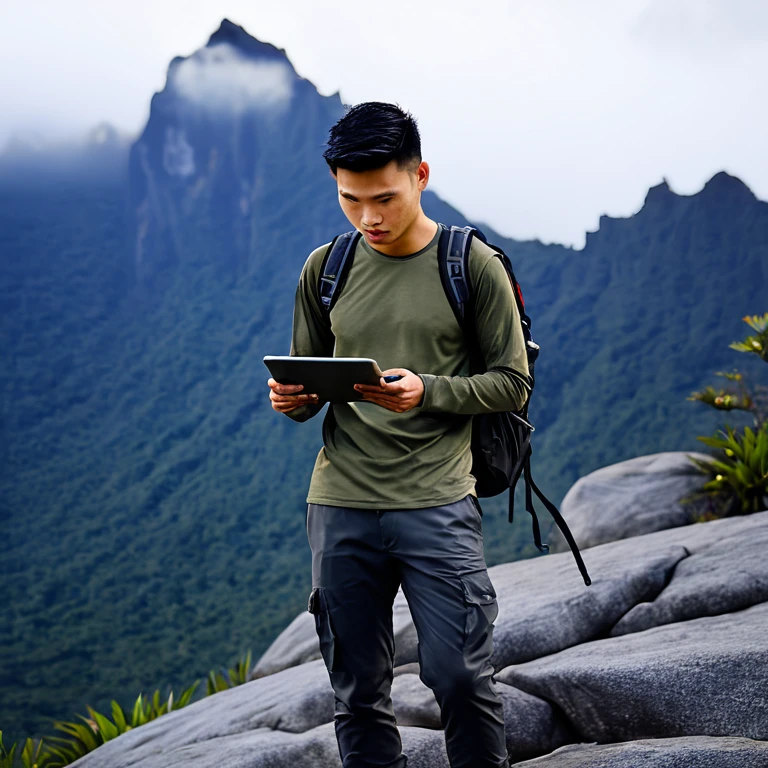 A young asian man, drop fade cut hair, lonely , exploration style,hiking, Stand , behind misty cloud sea at Mt.Kinabalu peaks , Wearing long sleeve army camouflage T-shirt, dark gray hiking causal trouser, smart and handsome, holding a tablet , black backpack, seeing surrounding from stone peaks, wearing desert shoe , upper body, face to viewer, detail on face and body features, realistic in all body features, more clear and actual shape , masterpiece, hd resolution photo,