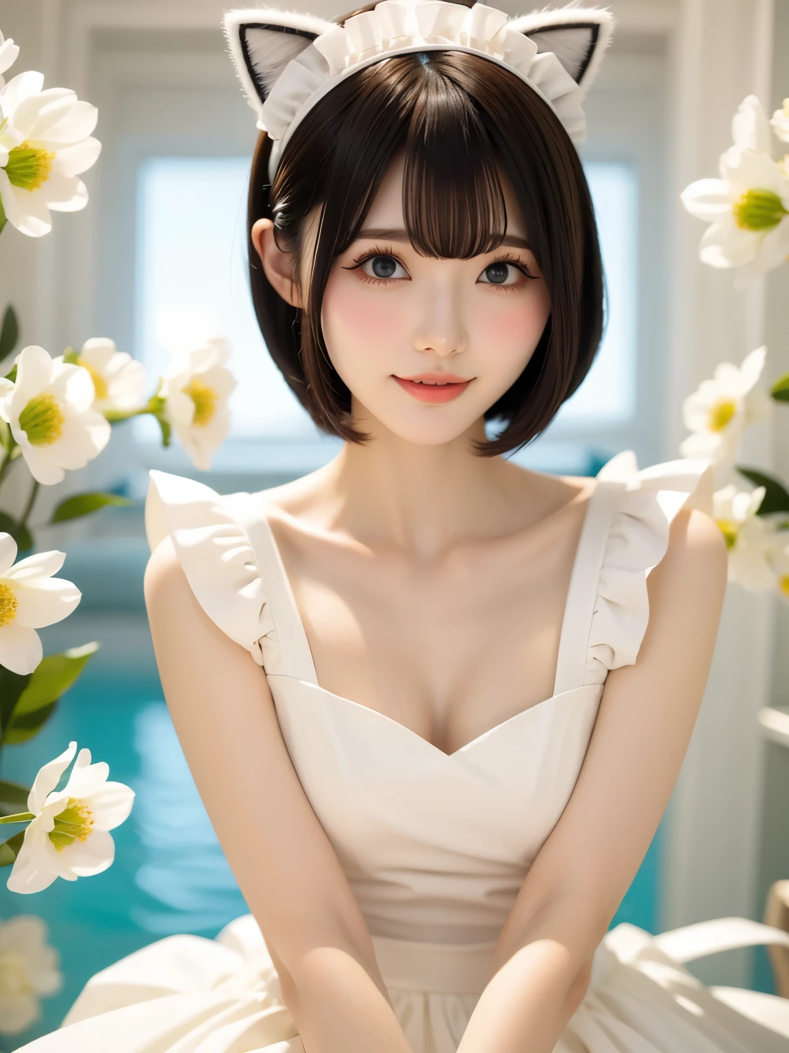 Beautiful and delicate portrait of a playful cute girl with boyish short hair, Black Hair, white Maid clothes、Cat ears on the head、 Emerald Green Sea, Mischievous Smile, Dancing Petals, (highest quality, Ultra-realistic) Floating petals in the background, god rays, backlighting, reflection light,  masterpiece, UHD, 8k, highres, anatomically correct, textured skin, high details, super detail,Rim light,full shot