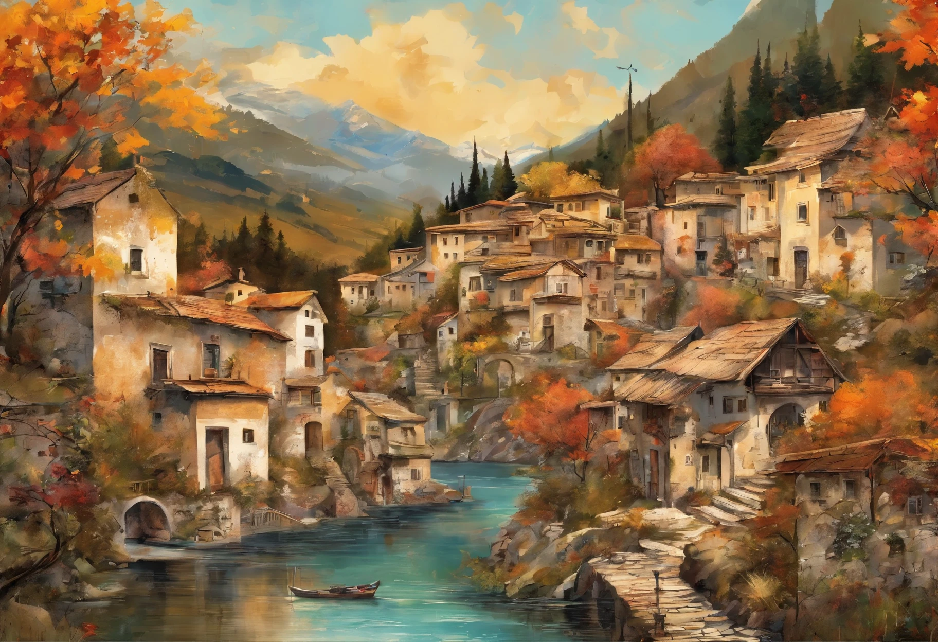mountain village, Fine art paintings inspired by Guido Borelli da Caruso, CG Association Contest Winner, modern european ink painting, Detailed painting 4k, Detailed view, Landscape painting, Southern European landscape, Landscape painting 詳細, Detailed landscape, 8k HD detailed oil painting, Quaint village, Detailed landscape —width 672
