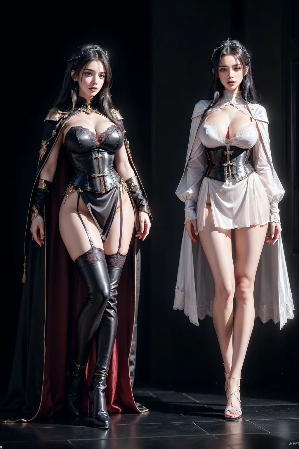 ((Show full body from head to toe, Standing perfectly, standing pose, Body facing to the viewer (Show front body, show center body)). Balance focused camera view, Centered camera view, middle camera view, vertical scape camera. Masterpiece, illustration:1.1, best quality, fine detail, perfect detail, smooth detail, sharp color, 8K, Ultra HD, Ultra-clear portrait, big resolution, perfect lighting, bright lighting, top quality, sharp focus. Fantasy, medieval, magic, wizard. A Beautiful wizard wearing black clothes with skirts, bra, corset, robes, cape, cloaks, lace stockings, show heels. huge breast:1.5, full round breast, alluring body, seductive body, tall body, fit body, Leg length, slender body, pale toned skin, very bright skin, glowing skin, glowing face, bright face, wearing makeup, lipstick, blush. Long black hair, head accessories. Smirking, her eyes looking to the camera. The background is inside a dungeon with natural lighting. Standing (Full Body View).