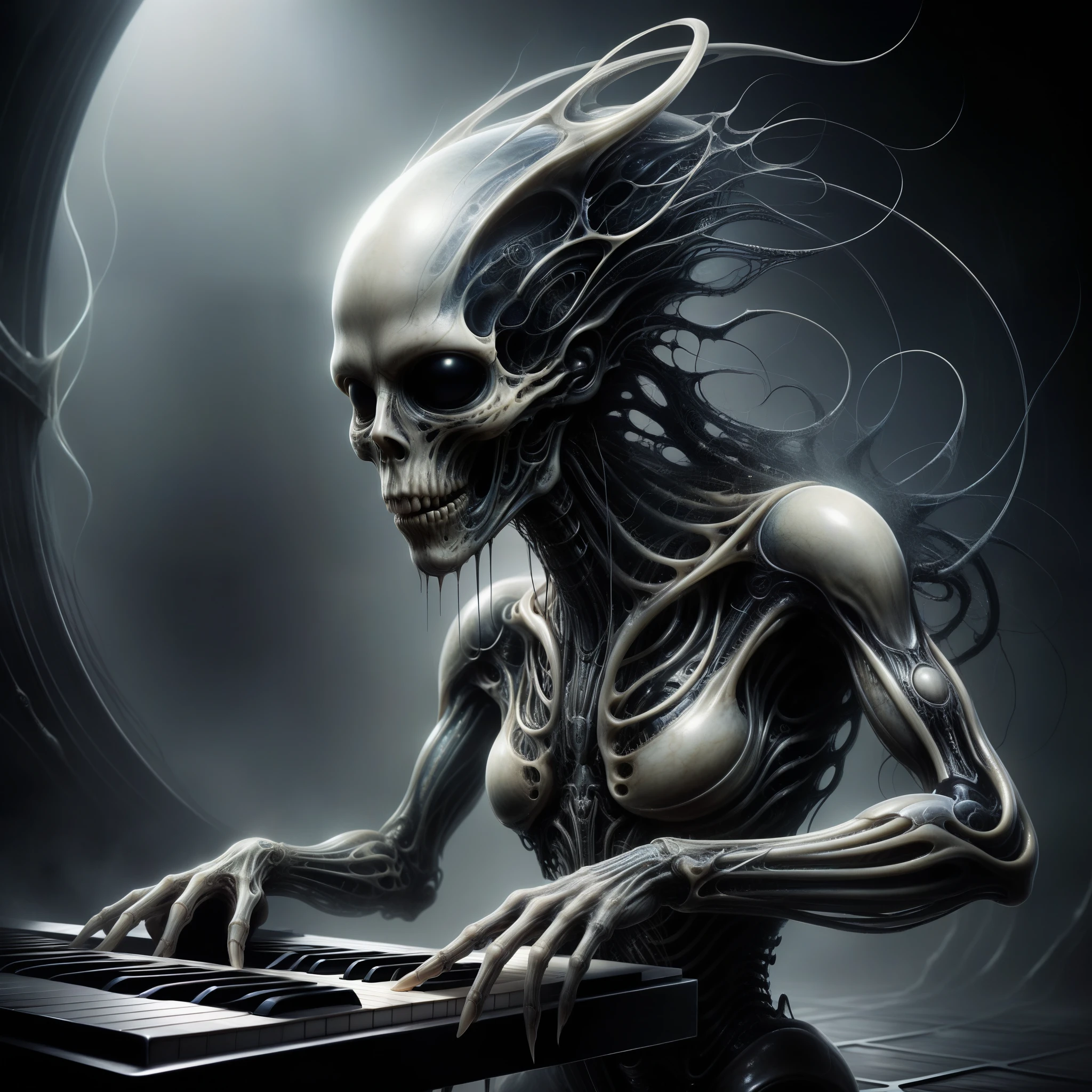 Experience the haunting melody of AI-composed music drifting through a surreal landscape, where twisted, biomechanical forms echo the horrors of H.R. Giger's macabre visions