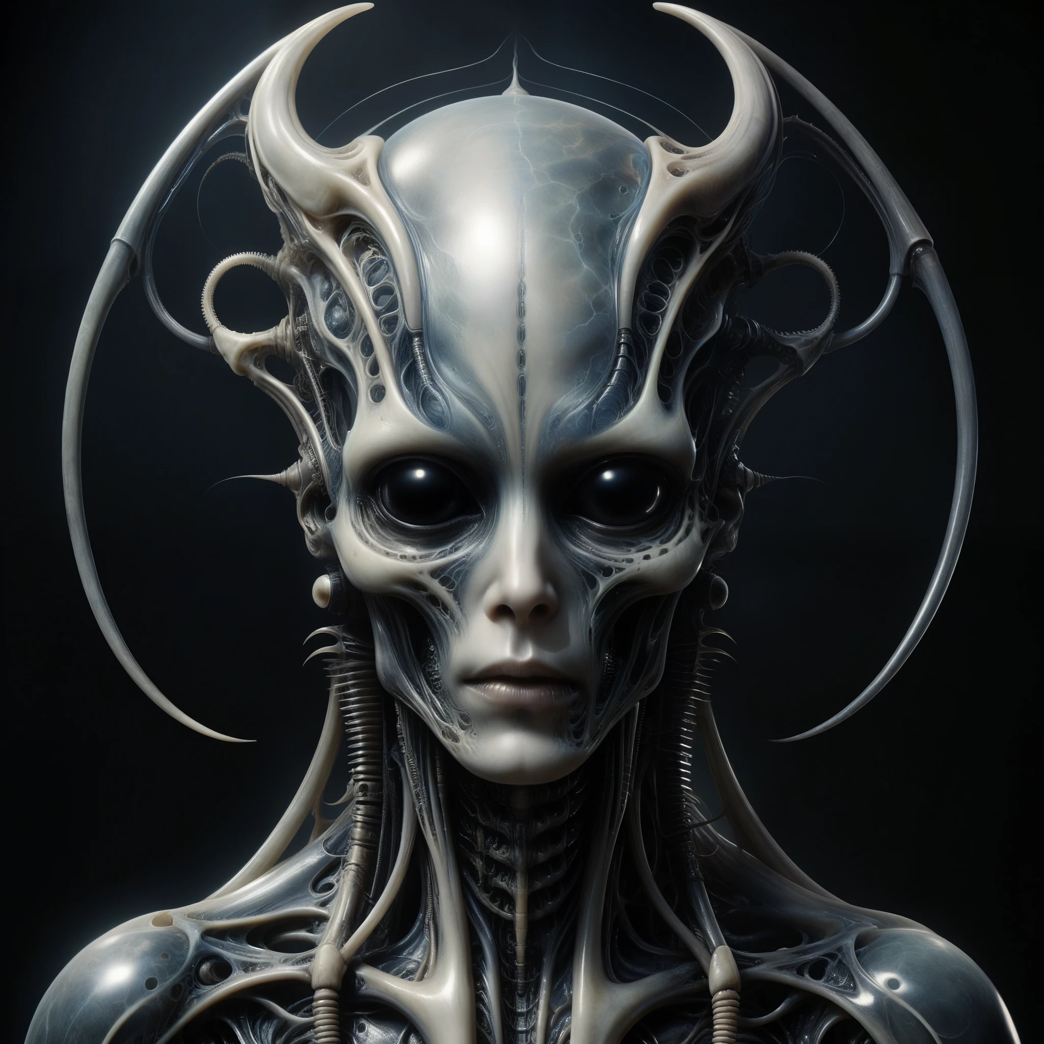 Experience the haunting melody of AI-composed music drifting through a surreal landscape, where twisted, biomechanical forms echo the horrors of H.R. Giger's macabre visions