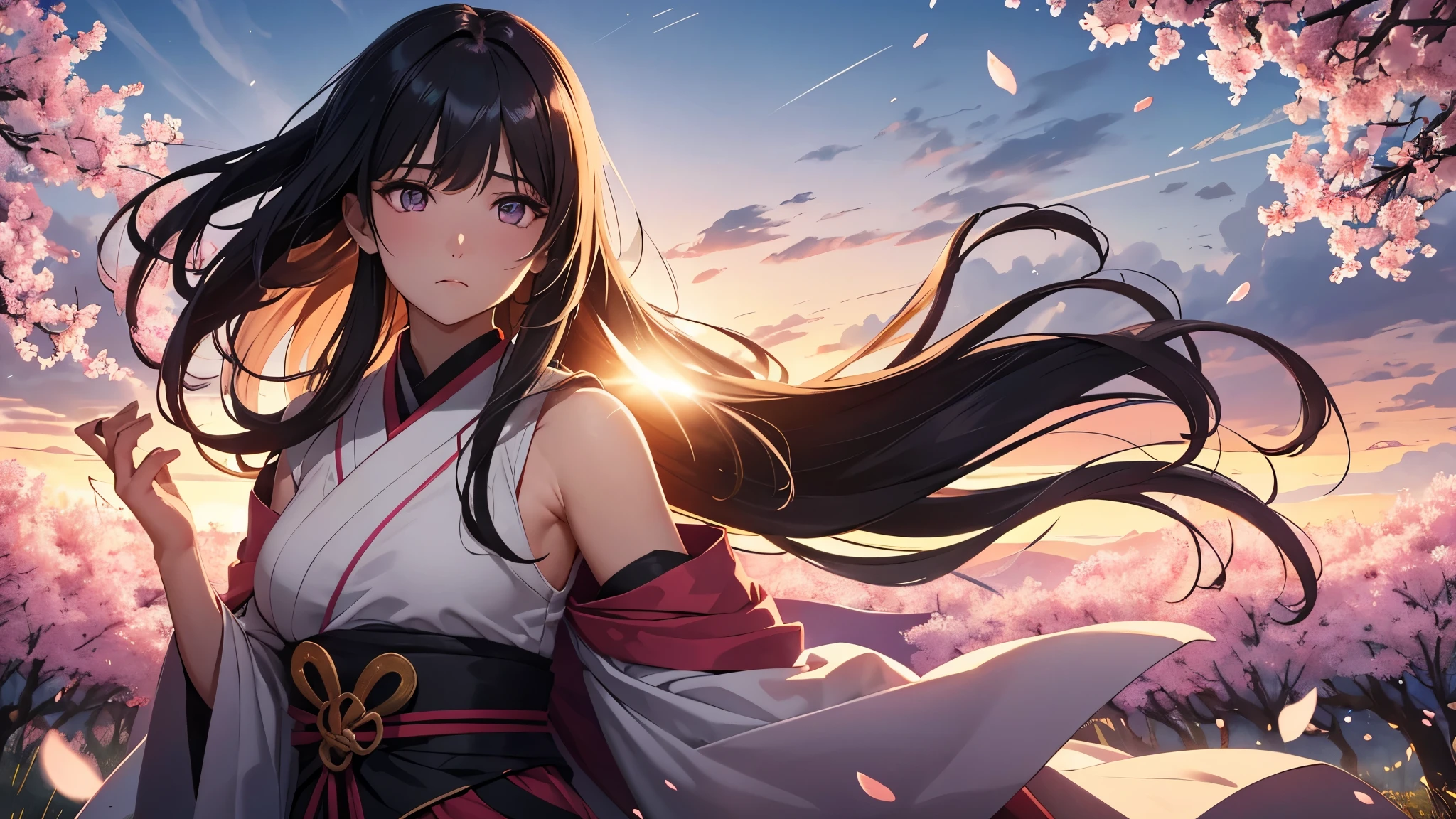 Hinata Hyuga stands tall, her expression serene yet determined. Her long, dark hair flows gently in the breeze as she stands amidst a field of cherry blossoms, a symbol of her inner strength and resilience. Her lavender eyes are focused, the Byakugan activated, granting her unparalleled vision. With graceful movements, she unleashes the Eight Trigrams Sixty-Four Palms, a flurry of precise strikes depicted in a dynamic and captivating manner. Behind her, the sun sets, casting a warm glow over the scene, symbolizing hope and the promise of a new day.