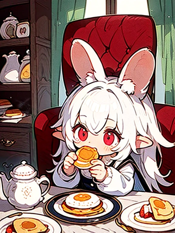 (3D,3D Art),#quality(8k,,wallpaper of extremely detailed CG unit, masterpiece,High resolution,top-quality,top-quality real texture skin,Surreal,Increase the resolution,RAW Photos,highest quality,Very detailed,wallpaper,Golden Ratio), break ,alone,#One girl(human,Little:2.0,cute,cute,Small ,Gray Hair:1.6,very Long Hair:2.0,Long Hair:2.0 fluffy white  ears:1.2,Red Eye:1.1,Big eyes,Beautiful and shining eyes,skin color is white,Big hair bow,White ruffle dress:1.3,chest,View your viewers,rabbit story,Eat pancakes smothered in honey and strawberries:1.6,Sitting in a chair), break ,#background(internal,A very classic and gothic cafe),(Little:1.7),from the front,smile,rabbit ear