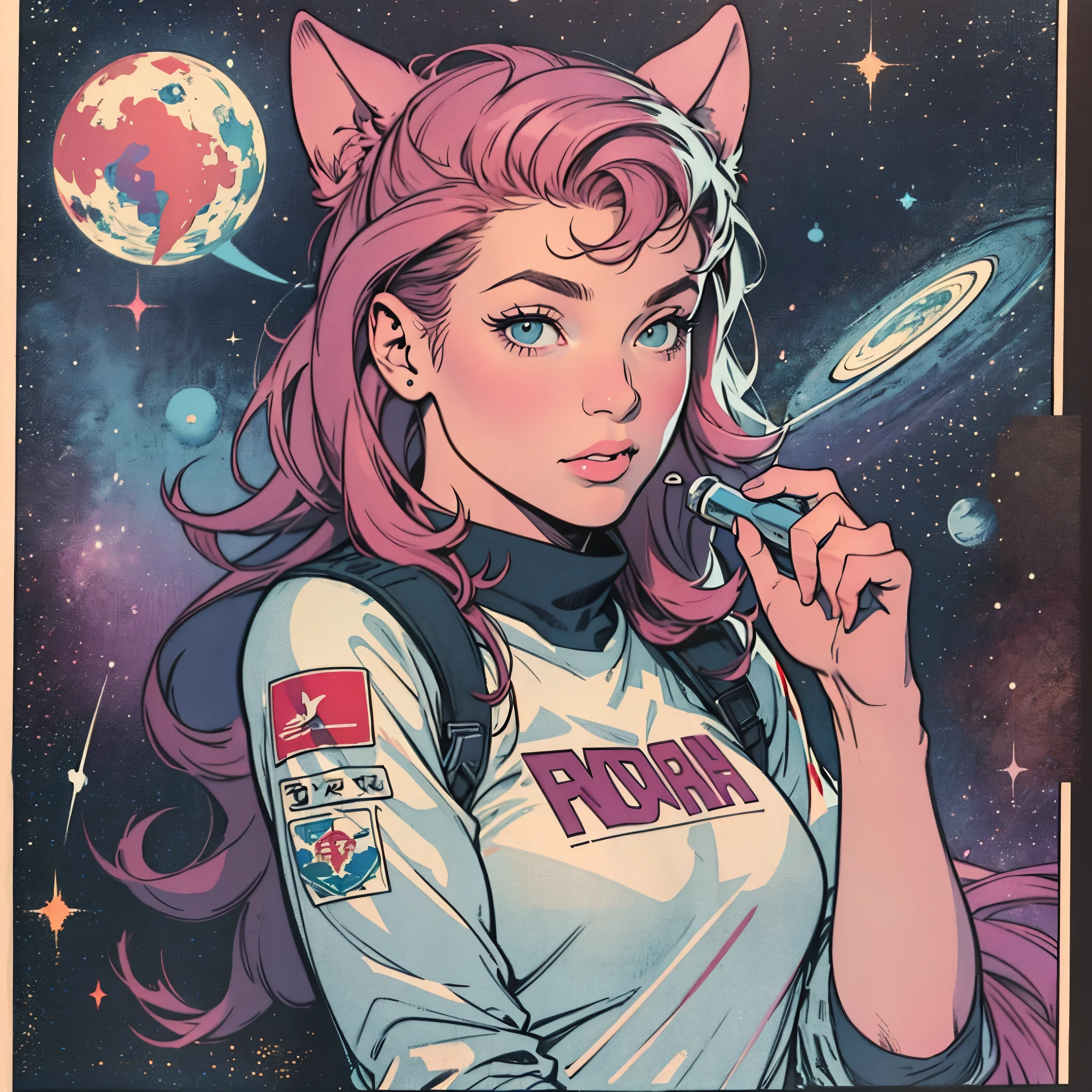 ultimate best quality,beautiful woman,speech bubble,big brest,galaxy,60s,70s,80s,colorful,cosmo,space,