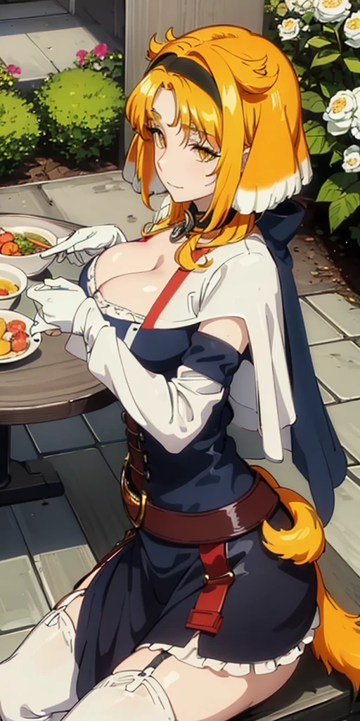 masterpiece, best quality, Roxanne AND Lianna, hair ornament, circlet, cape, armored dress, elbow gloves, blue skirt, thigh boots, garter belts, sitting, from side, hands on own lap, from above, smile, looking at viewer, closed mouth, gold eyes, yellow eyes, no visible ears, no ears, fluffy dog tail, medieval architecture, castle, garden