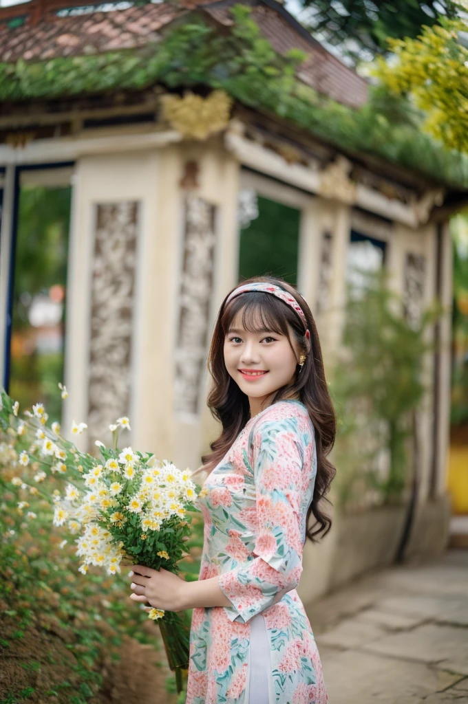 Close-up photo of a beautiful Asian girl wearing delicate flowery Vietnamese ao dai, smirking, blurred background of Vietnamese houses.