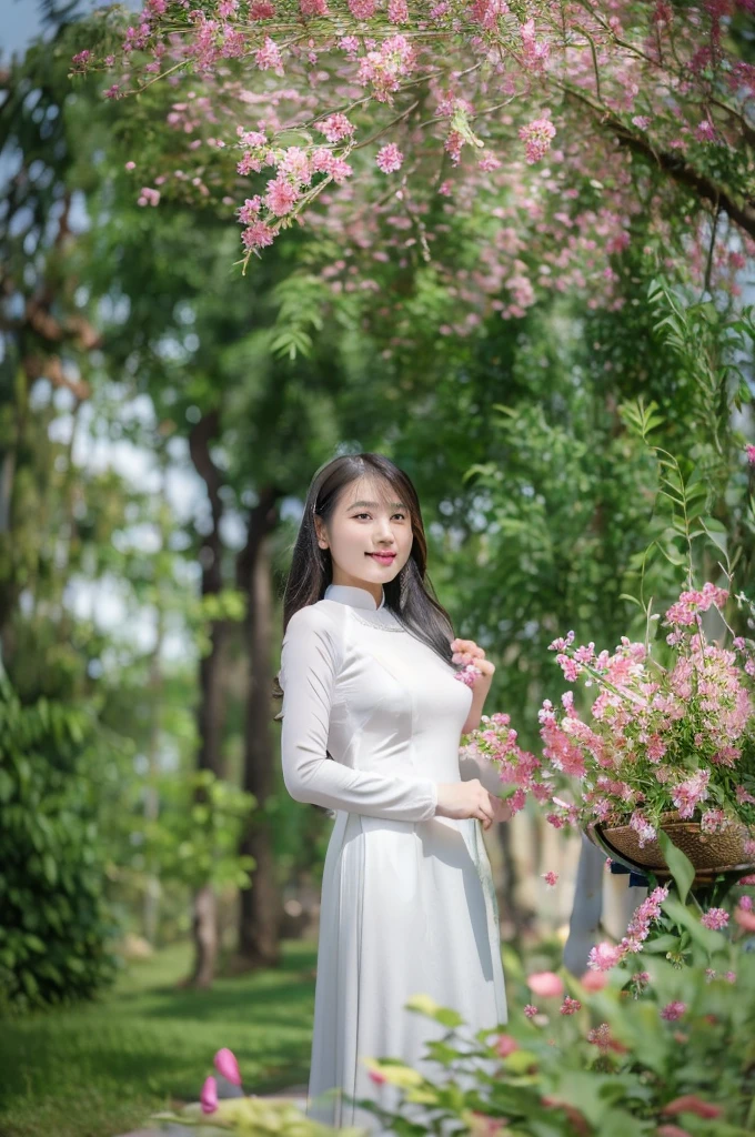 Close-up photo of a beautiful Asian girl wearing delicate flowery Vietnamese ao dai, smirking, blurred background of Vietnamese houses.
