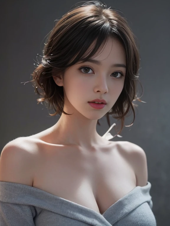 Best quality, masterpiece, ultra high res, (photorealistic:1.5), raw photo, 1girl, offshoulder, in the dark, deep shadow, low key, cold light, sexy look, short hair