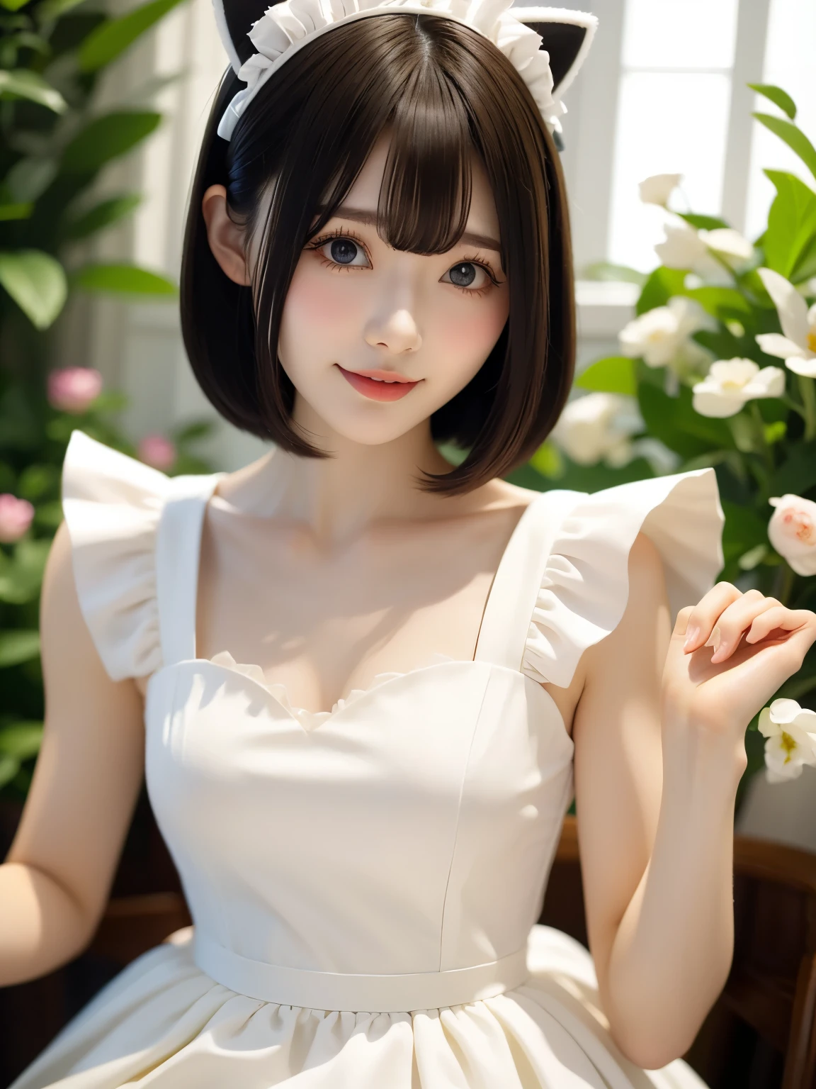 Beautiful and delicate portrait of a playful cute girl with boyish short hair, Black Hair, white Maid clothes、Cat ears on the head、 Emerald Green Sea, Mischievous Smile, Dancing Petals, (highest quality, Ultra-realistic) Floating petals in the background, god rays, backlighting, reflection light,  masterpiece, UHD, 8k, highres, anatomically correct, textured skin, high details, super detail,Rim light,full shot